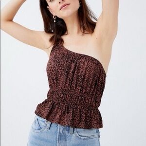 Urban Outfitters One Shoulder Animal Print Cropped Ruffle Top